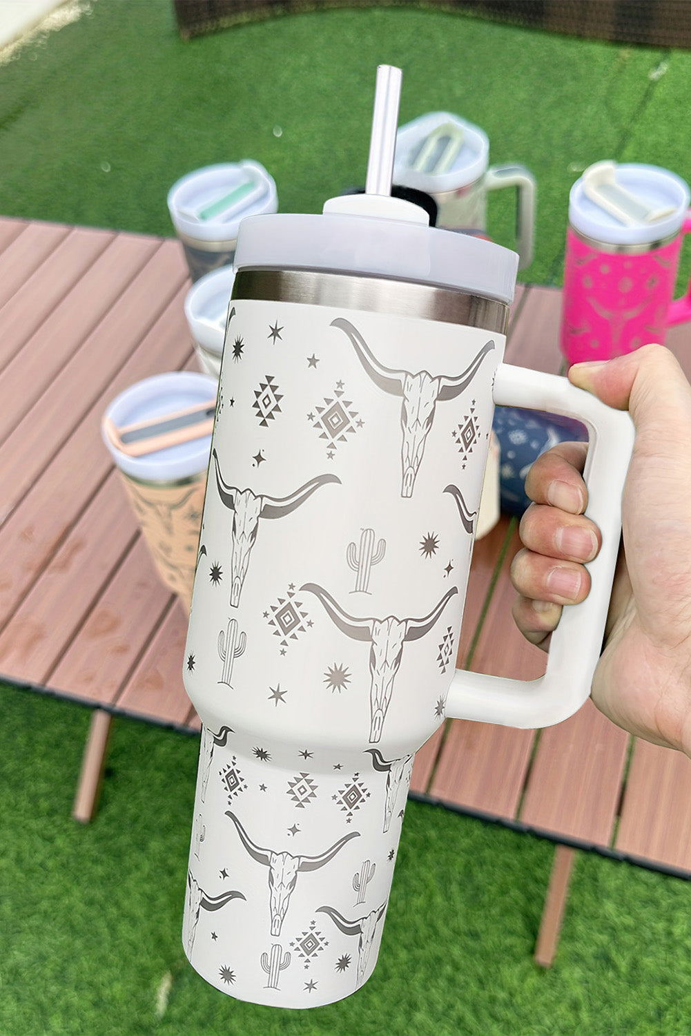 White Western Horn Stainless Steel Thermos Cup 40oz Tumblers JT's Designer Fashion
