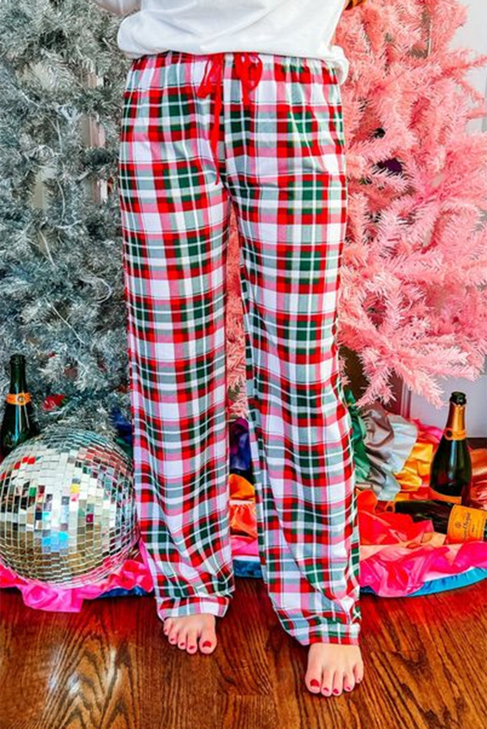 Multicolor Merry Christmas Plaid Print Two Piece Lounge Set Bottoms JT's Designer Fashion