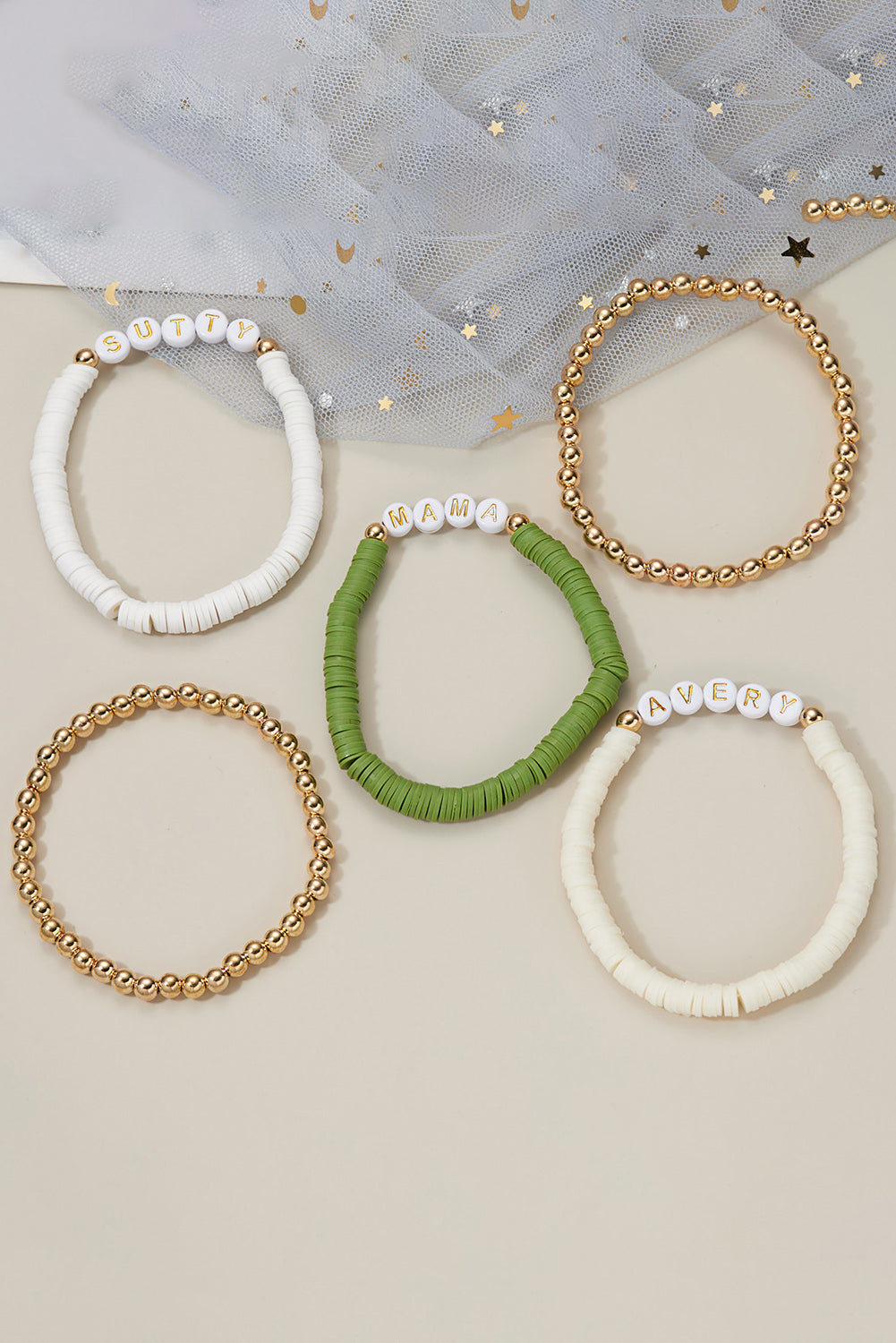 Multicolor Letter Soft Clay Bracelet Gold Bead 5-piece Set Jewelry JT's Designer Fashion