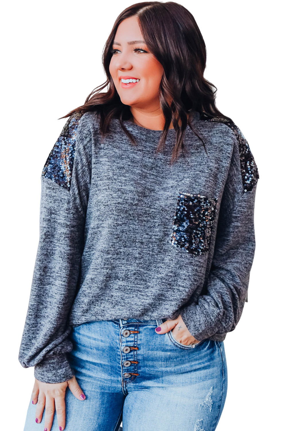 Gray Sequin Patchwork Long Sleeve Plus Size T Shirt Plus Size JT's Designer Fashion