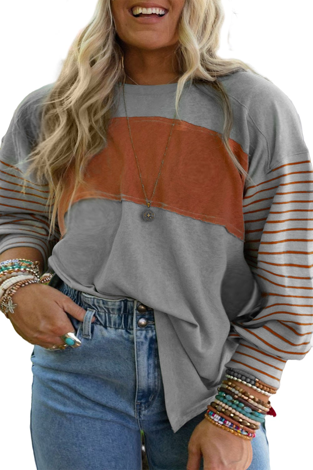 Gray Plus Size Striped Long Sleeve Colorblock Tee with Slits Plus Size JT's Designer Fashion