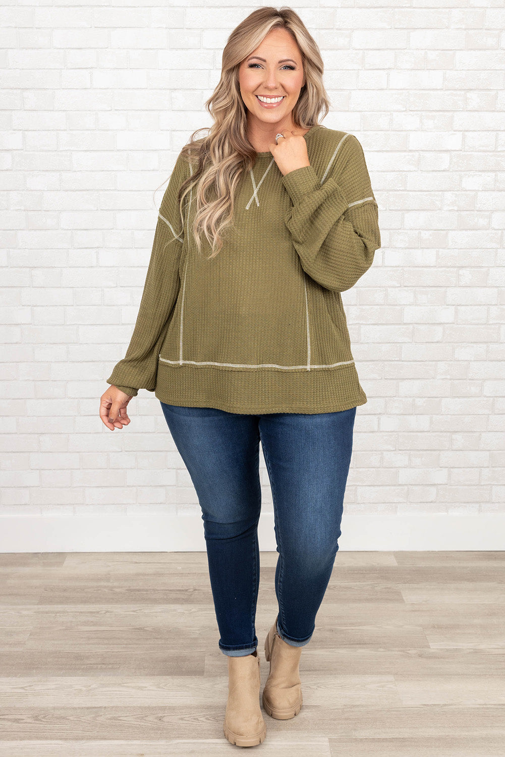 Green Plus Size Seamed Bubble Sleeve Waffle Knit Top Plus Size JT's Designer Fashion