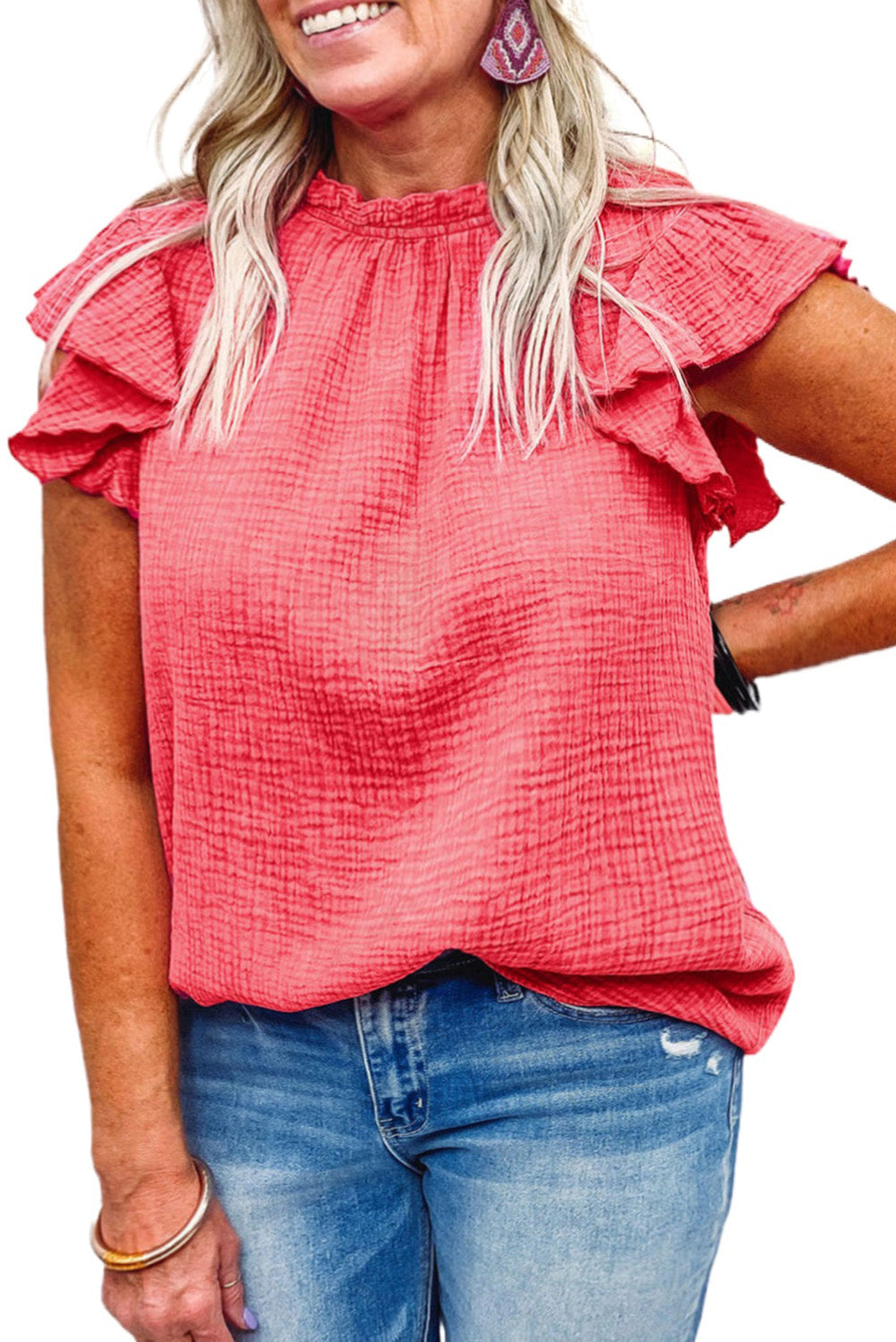 Pink Textured Flutter Sleeve Frilled Neck Plus Size Blouse Plus Size JT's Designer Fashion