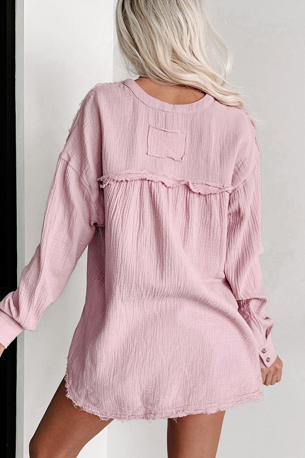 Pink Crinkle Long Sleeve Distressed Split Henley Top Blouses & Shirts JT's Designer Fashion