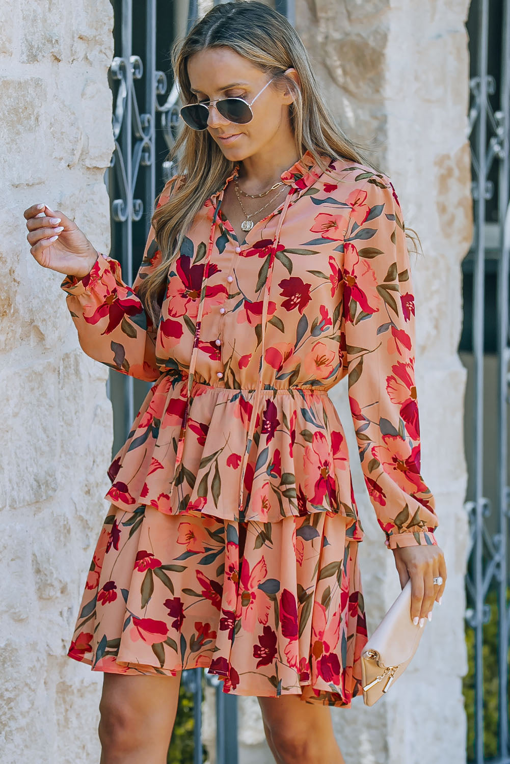 Fiery Red Frilled Collar Long Sleeve Floral Dress with Ruffle Floral Dresses JT's Designer Fashion