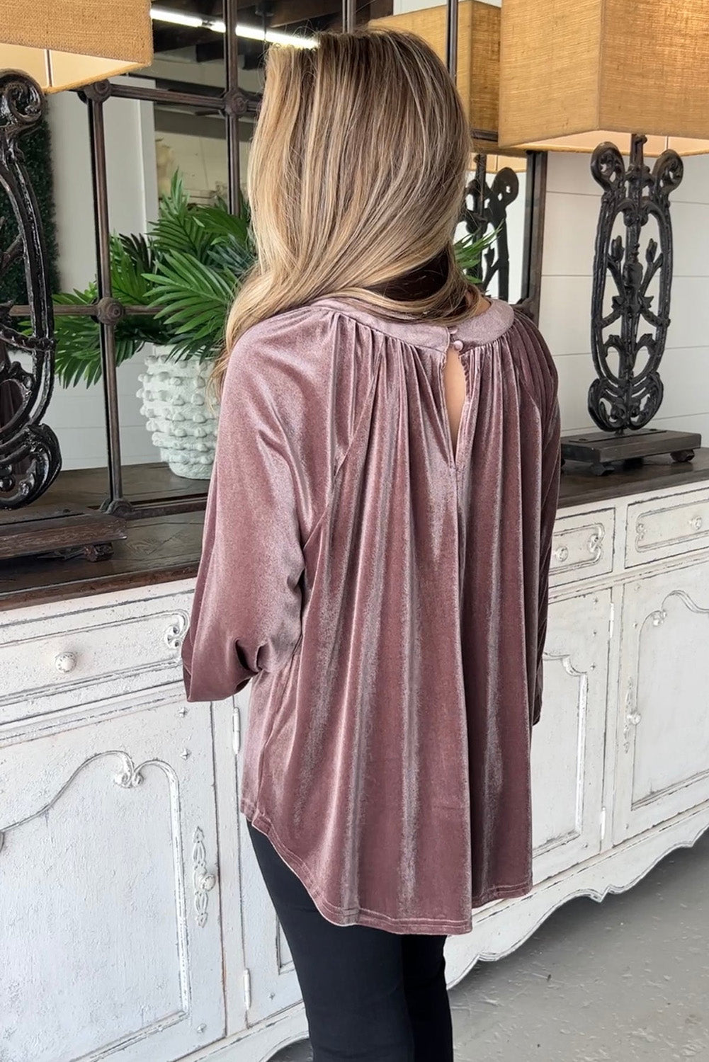 Rose Tan Velvet Pleated Crewneck Back Keyhole Blouse Tops & Tees JT's Designer Fashion