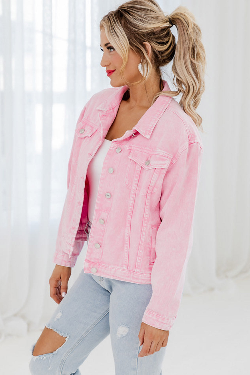 Barbie Style Pink Acid Wash Button Flap Pocket Denim Jacket Tops & Tees JT's Designer Fashion