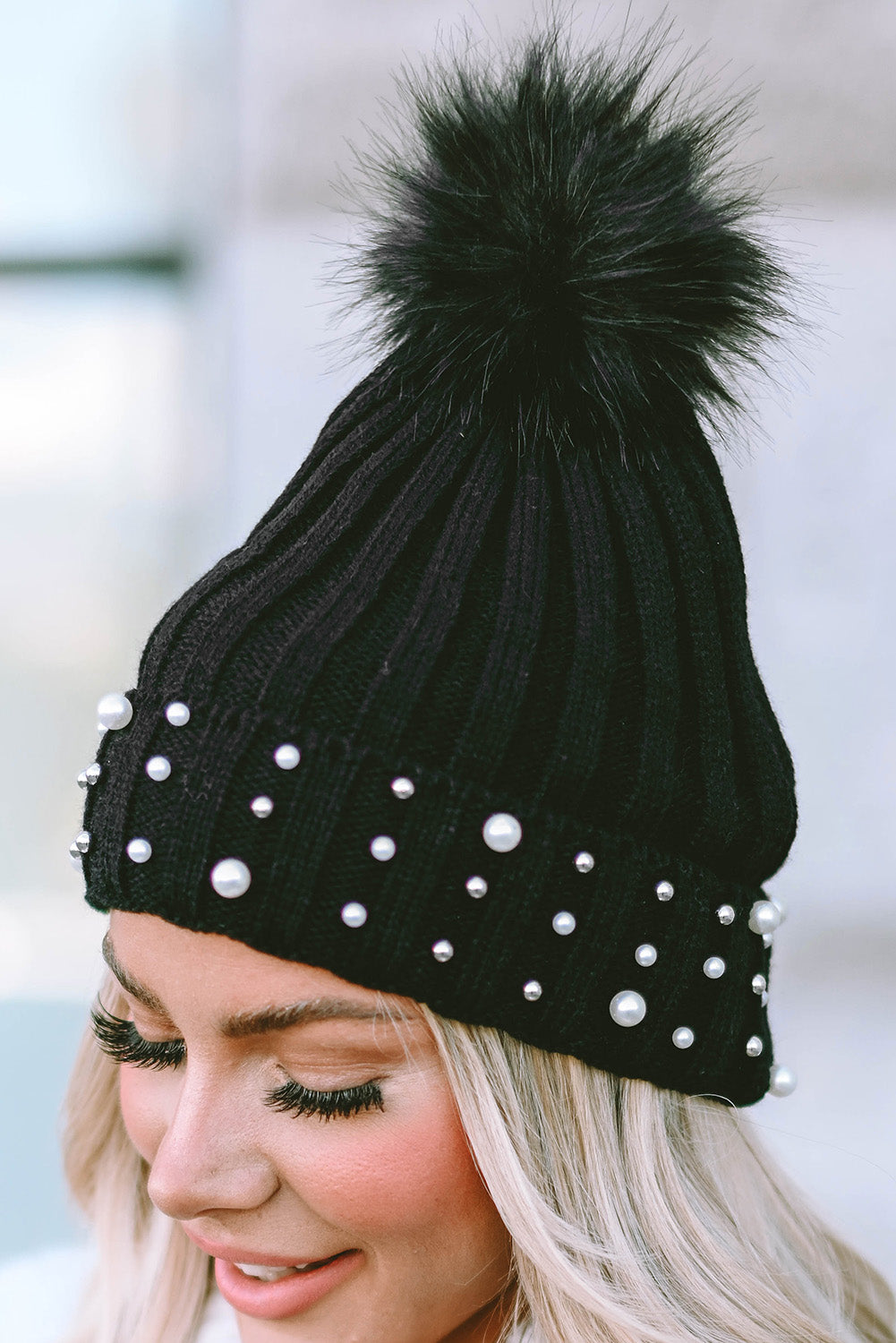 Black Faux Pearl & Pompom Decor Cuff Beanie Hats & Caps JT's Designer Fashion