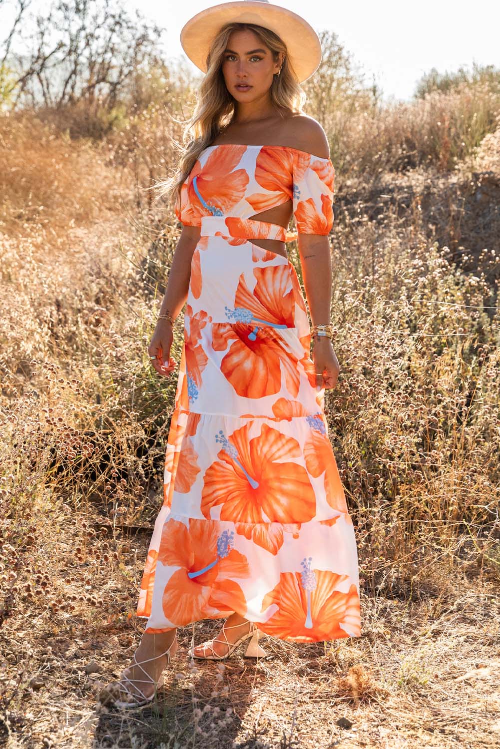 Orange Floral Print Off Shoulder Backless Maxi Dress Floral Dresses JT's Designer Fashion