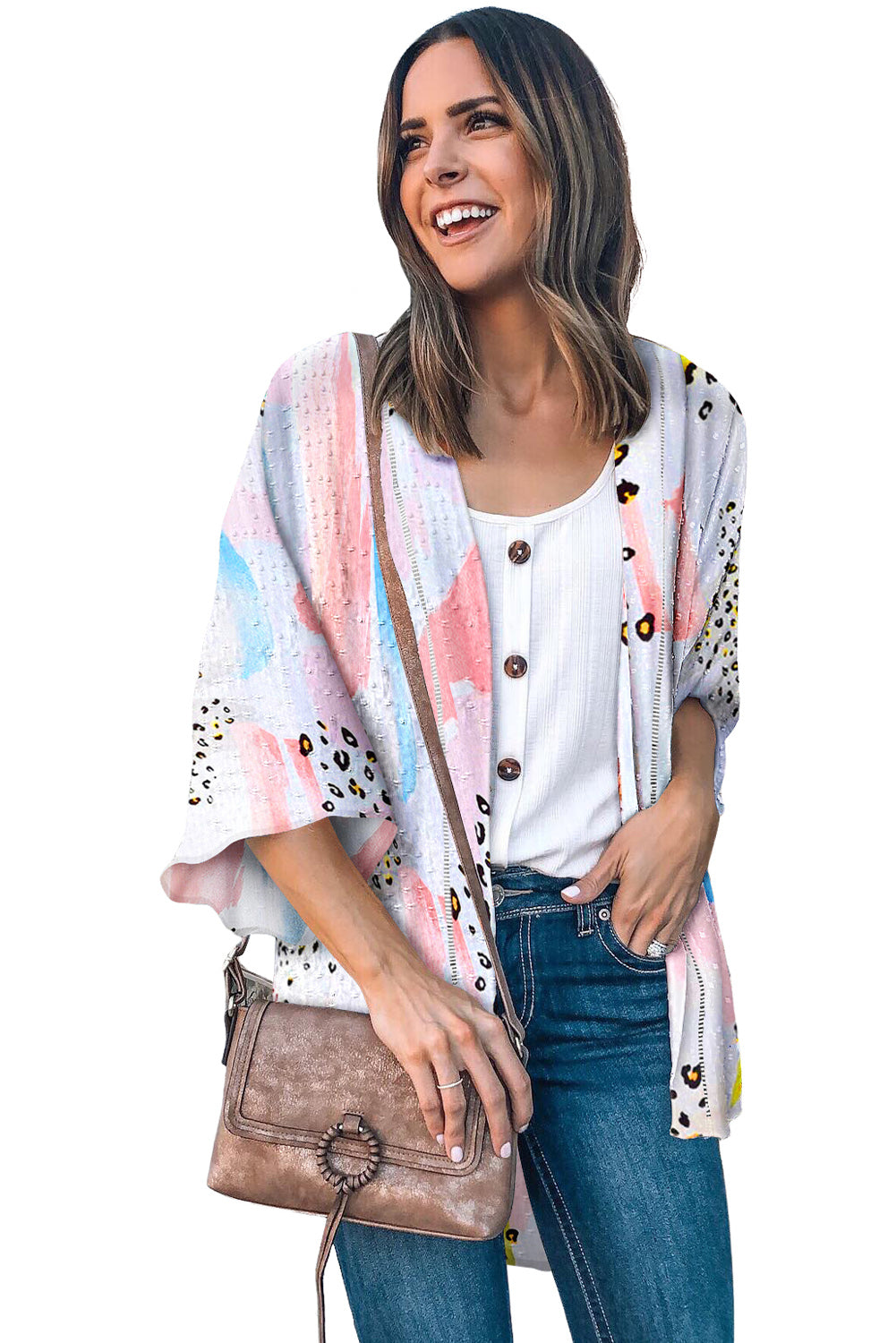 Multicolor Floral Print Open Front Bell Sleeve kimono Kimonos JT's Designer Fashion