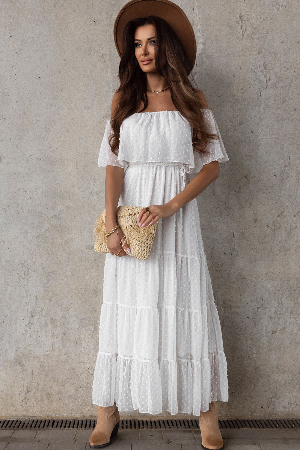 White Yellow Yellow Off Shoulder Ruffle Swiss Dot Maxi Dress Maxi Dresses JT's Designer Fashion