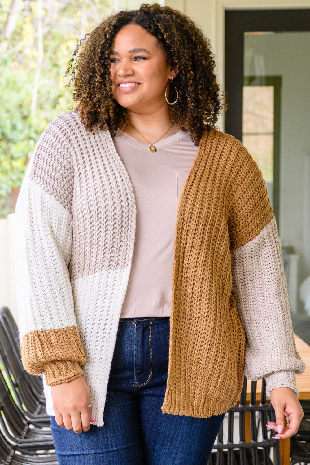 White Color Block Open Front Cable Knit Plus Size Cardigan Plus Size JT's Designer Fashion