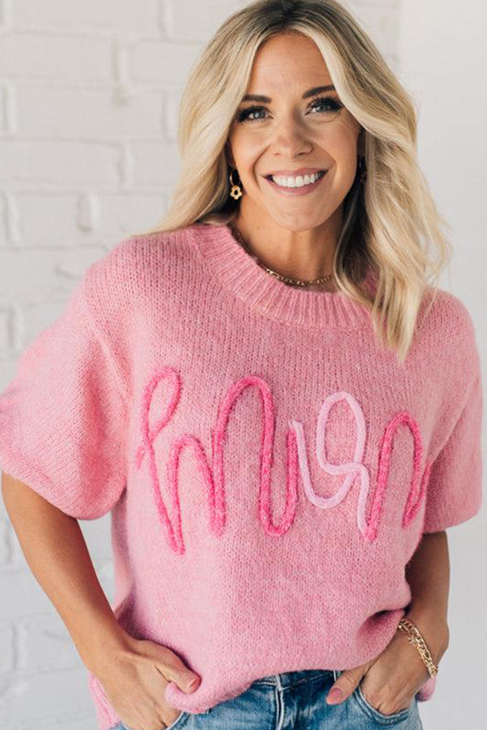 Pink MOM Lettering Short Puff Sleeve Knitted Sweater Pre Order Sweaters & Cardigans JT's Designer Fashion