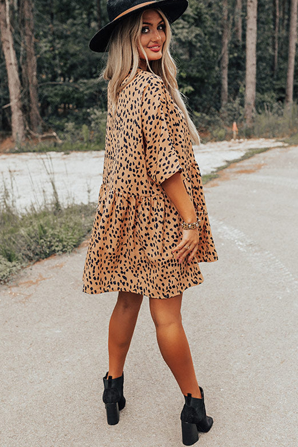 Leopard Button V Neck Tunic Dress Mini Dresses JT's Designer Fashion