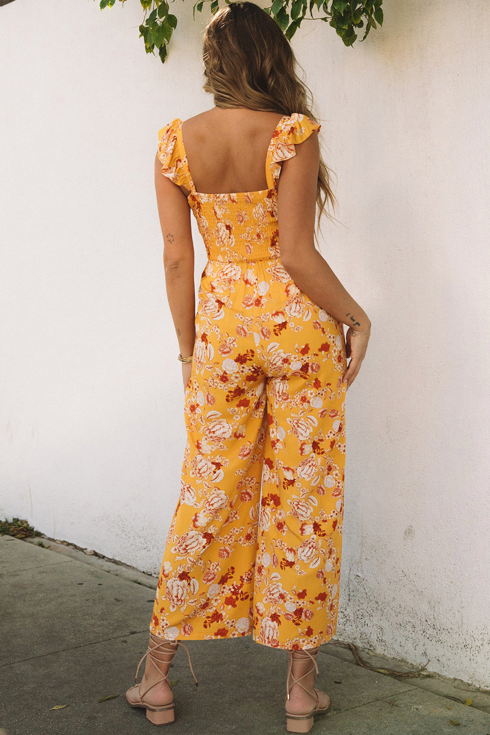 Yellow Floral Print Ruffle Shoulder Smocked Wide Leg Jumpsuit Jumpsuits & Rompers JT's Designer Fashion