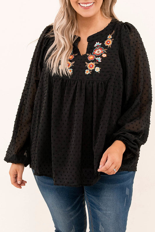 Black Embroidered Swiss Dot Texture Plus Size Blouse Plus Size Tops JT's Designer Fashion