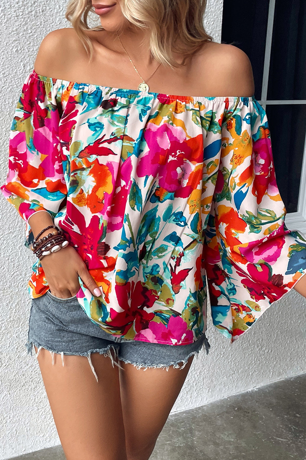 Multicolor Floral Print Off Shoulder Wide Sleeve Blouse Tops & Tees JT's Designer Fashion