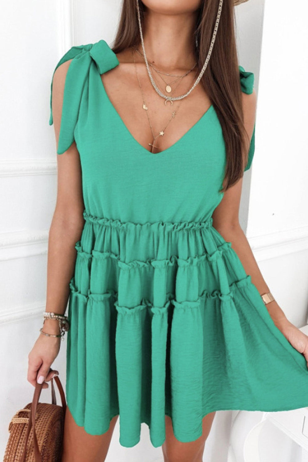 Green Tie Straps Frilled A-line Mini Dress Mini Dresses JT's Designer Fashion