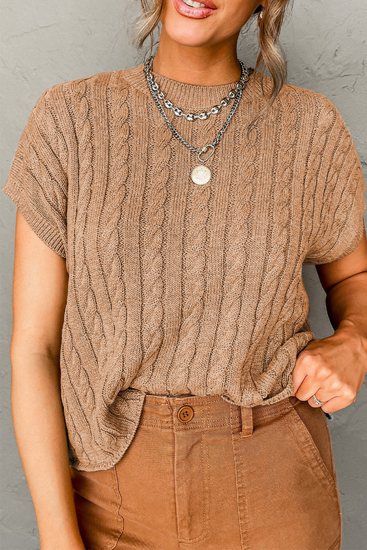 Light French Beige Cable Knit Ribbed Short Sleeve Plus Size Jumper Plus Size JT's Designer Fashion