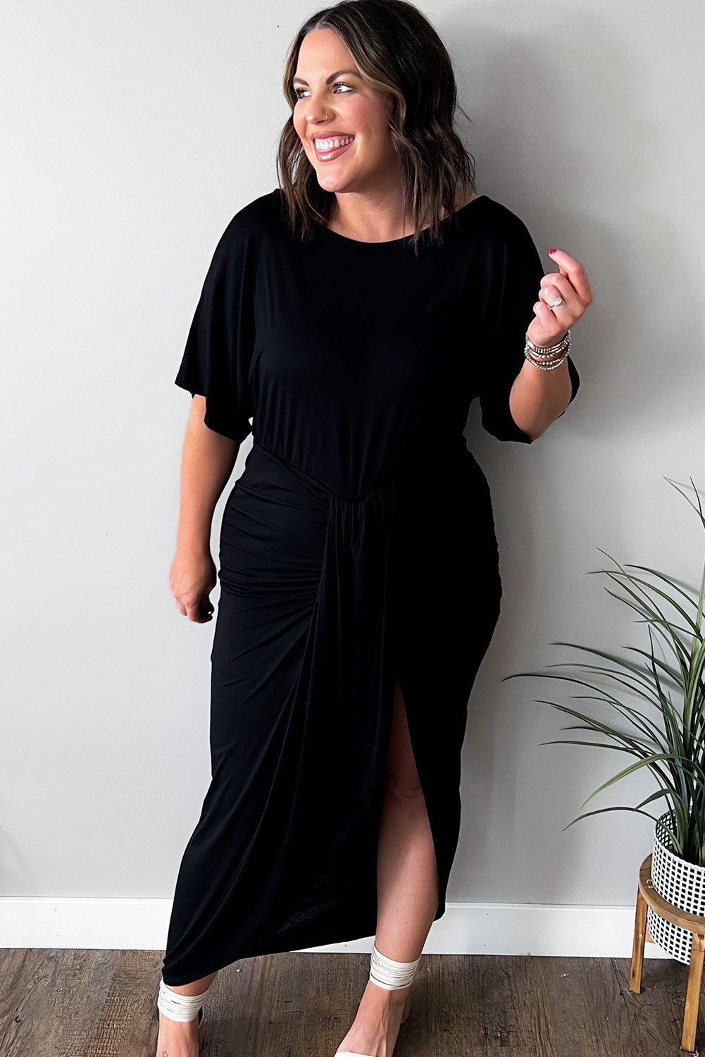 Black Side Split High Waist Short Sleeve Plus Size Maxi Dress Plus Size Dresses JT's Designer Fashion