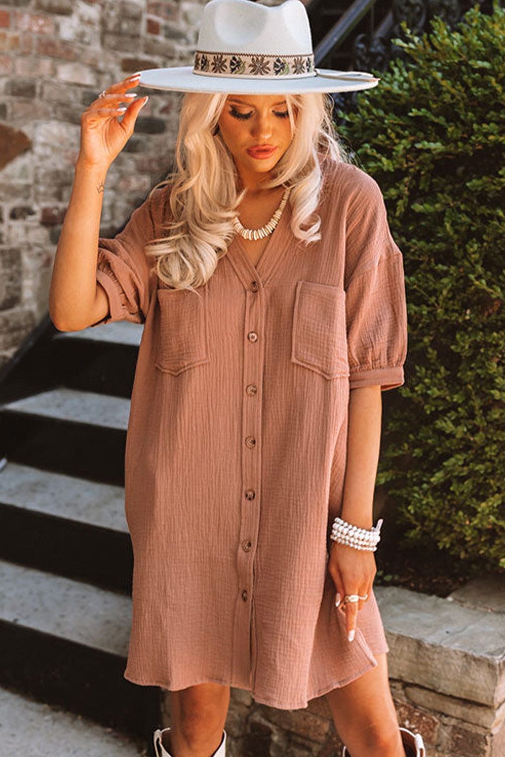 Brown Crinkle Textured Joint Bubble Sleeve Shirt Dress Mini Dresses JT's Designer Fashion