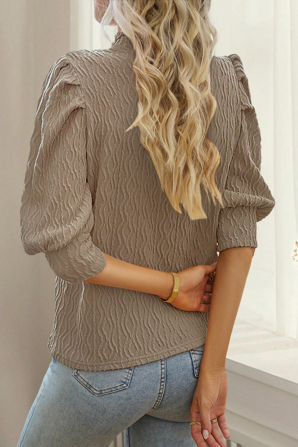 Simply Taupe Vintage Textured Puff Sleeve Mock Neck Top Tops & Tees JT's Designer Fashion