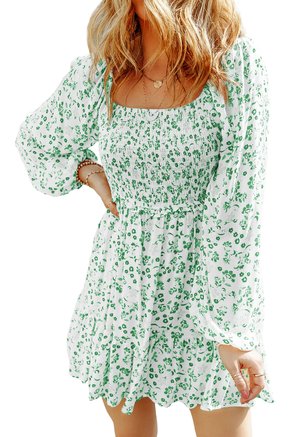 Bright Green Boho Floral Smocked Puff Sleeve Mini Dress Dresses JT's Designer Fashion