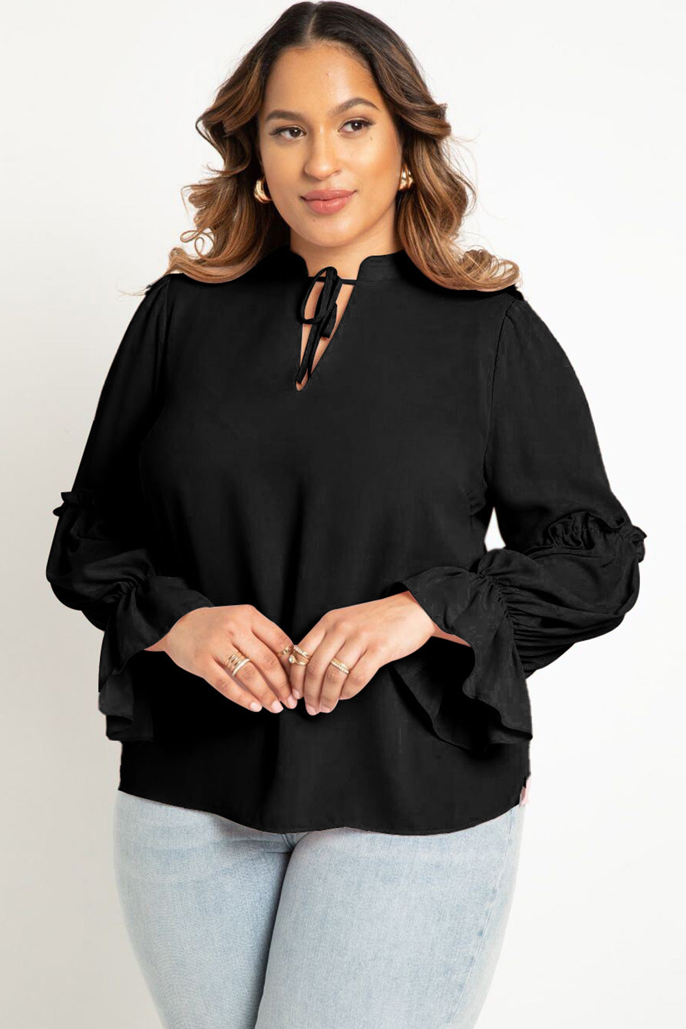 Black Plus Size Split Neck Ruffle Sleeve Blouse Plus Size JT's Designer Fashion