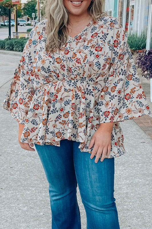 Apricot Plus Size Floral Print V Neck Peplum Blouse Plus Size Tops JT's Designer Fashion