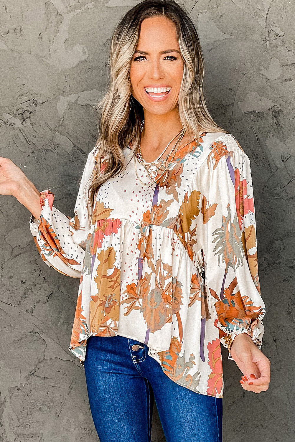 Multicolour Fall Floral Print V Neck Long Sleeve Babydoll Blouse Tops & Tees JT's Designer Fashion