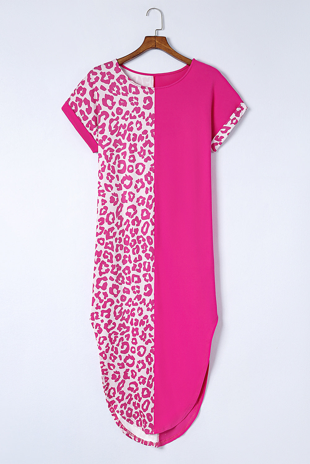 Rose Contrast Solid Leopard Short Sleeve T-shirt Dress with Slits T Shirt Dresses JT's Designer Fashion