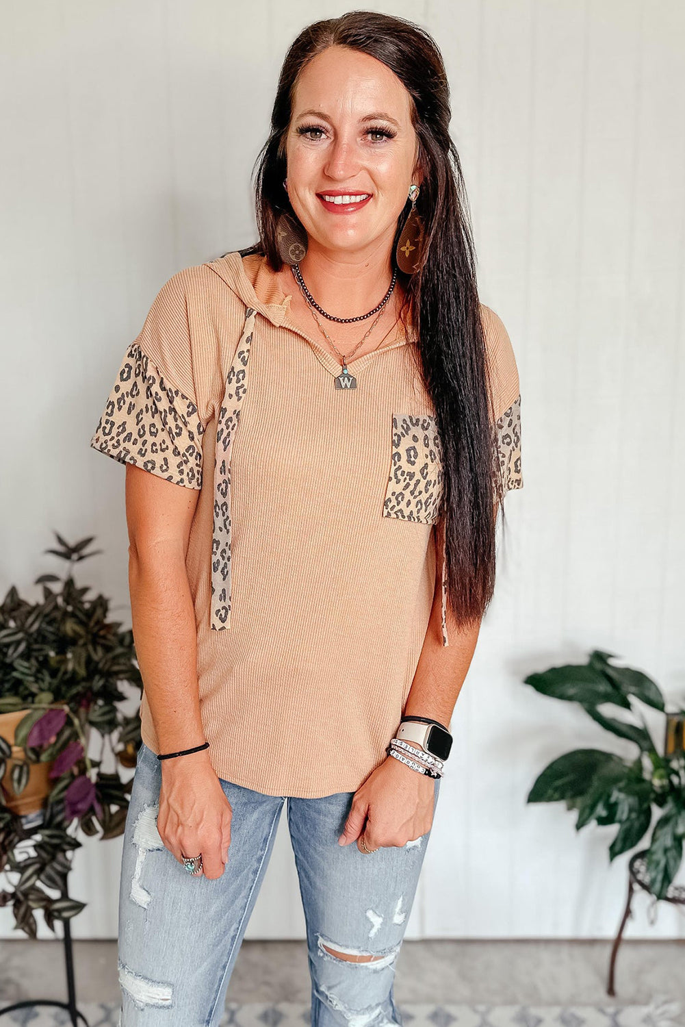 Khaki Leopard Patchwork Drawstring Hooded T Shirt Tops & Tees JT's Designer Fashion