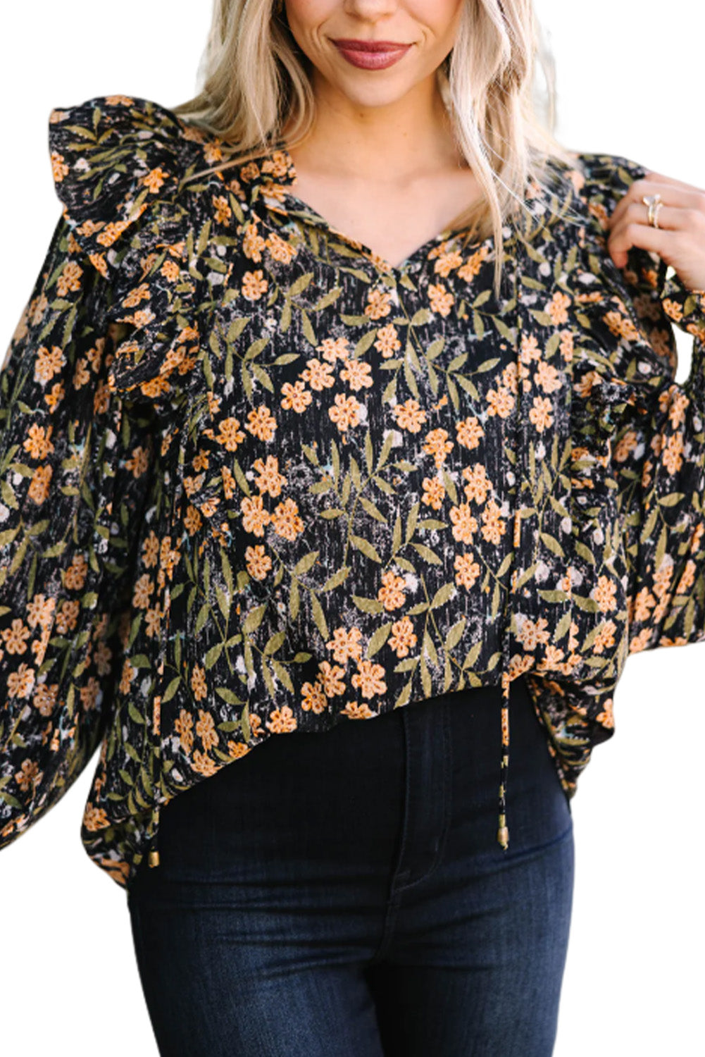 Black Plus Size Split Neck Ruffled Bubble Sleeve Floral Blouse Blouses & Shirts JT's Designer Fashion