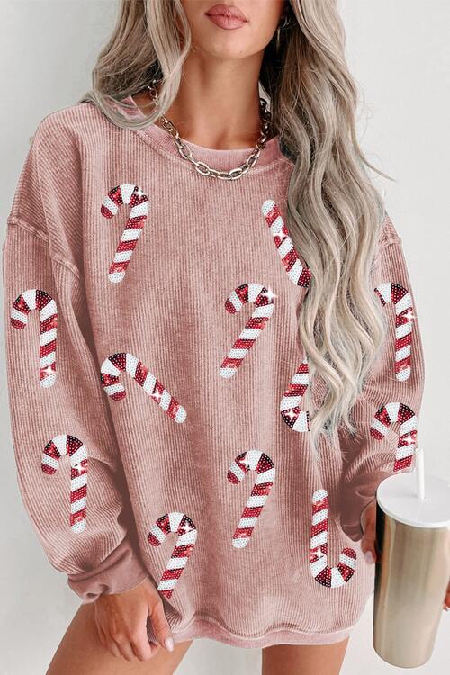 Sequin Candy Cane Round Neck Sweatshirt Dusty Pink Graphic Sweatshirts JT's Designer Fashion