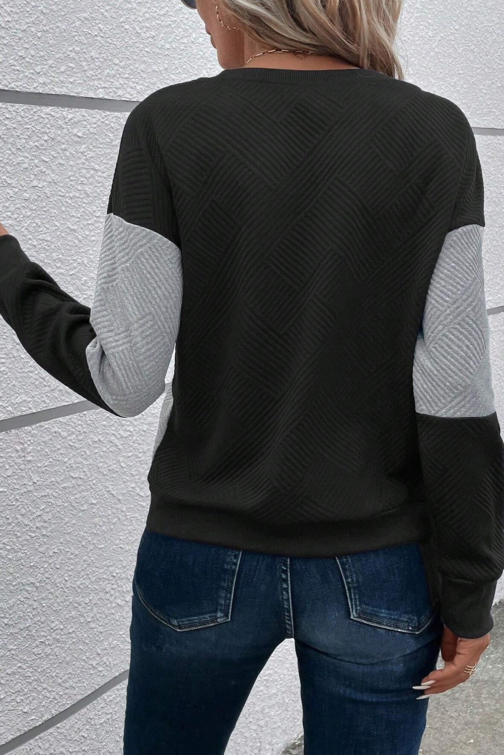 Black Color Block Textured Drop Shoulder Crewneck Top Tops & Tees JT's Designer Fashion