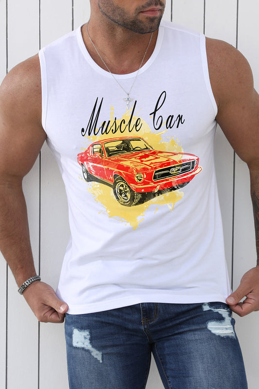 White Muscle Car Mens Graphic Tank Top White 62%Polyester+32Cotton+6%Elastane Men's Tops JT's Designer Fashion