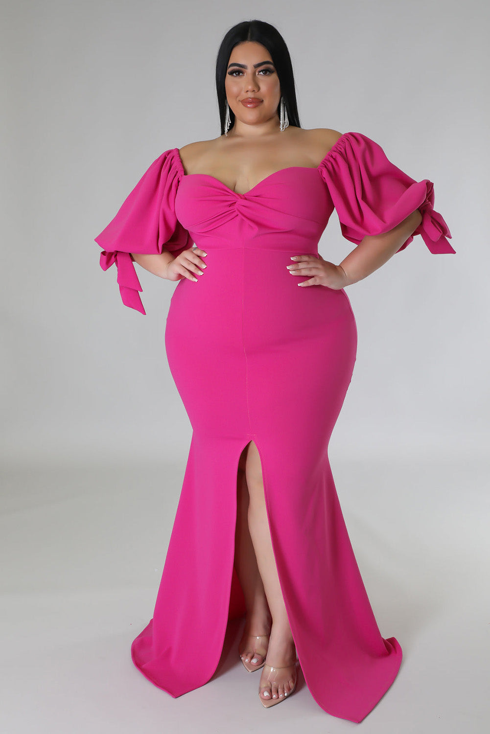 Rose Bow Tie Puff Sleeve Plus Size High Slit Maxi Dress Plus Size JT's Designer Fashion