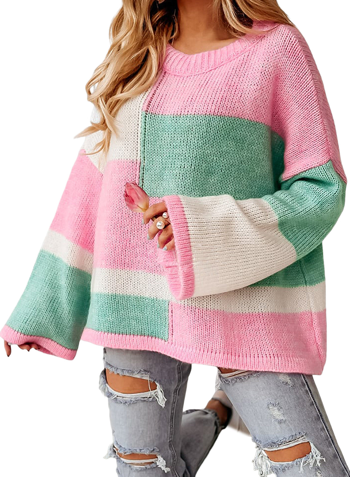 Pink Colorblock Drop Shoulder Bell Sleeve Sweater Tops & Tees JT's Designer Fashion