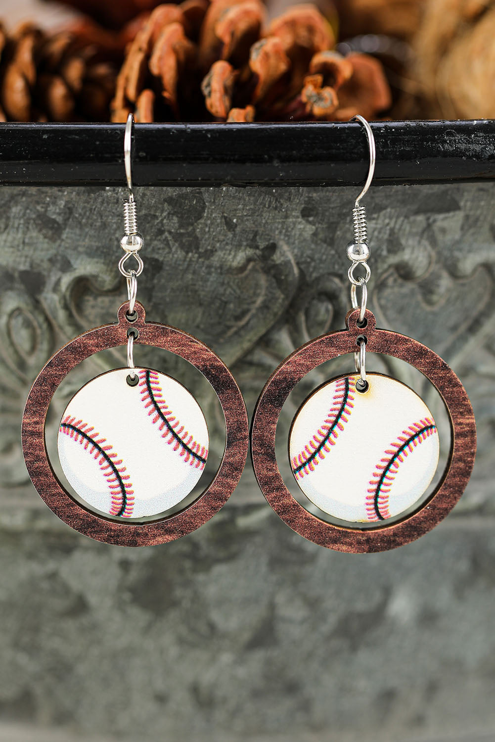 White Baseball Pattern Wood Round Drop Earrings Jewelry JT's Designer Fashion