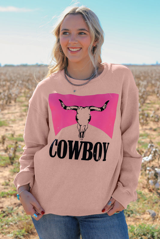 Pink Steer Head Cowboy Print Corded Pullover Sweatshirt Pink 100%Polyester Graphic Sweatshirts JT's Designer Fashion