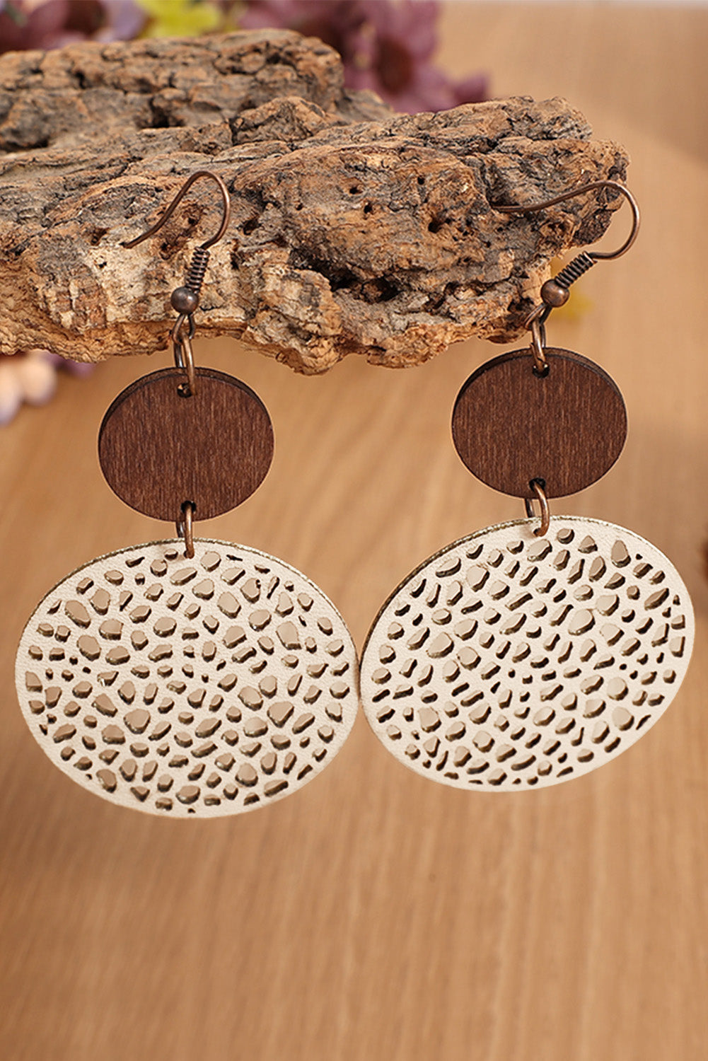 Beige Hollow Out Wooden Round Drop Earrings Jewelry JT's Designer Fashion