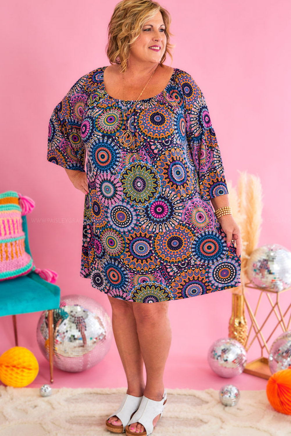 Multicolour Plus Size Paisley Print 3/4 Sleeve U-Neck Dress Plus Size JT's Designer Fashion