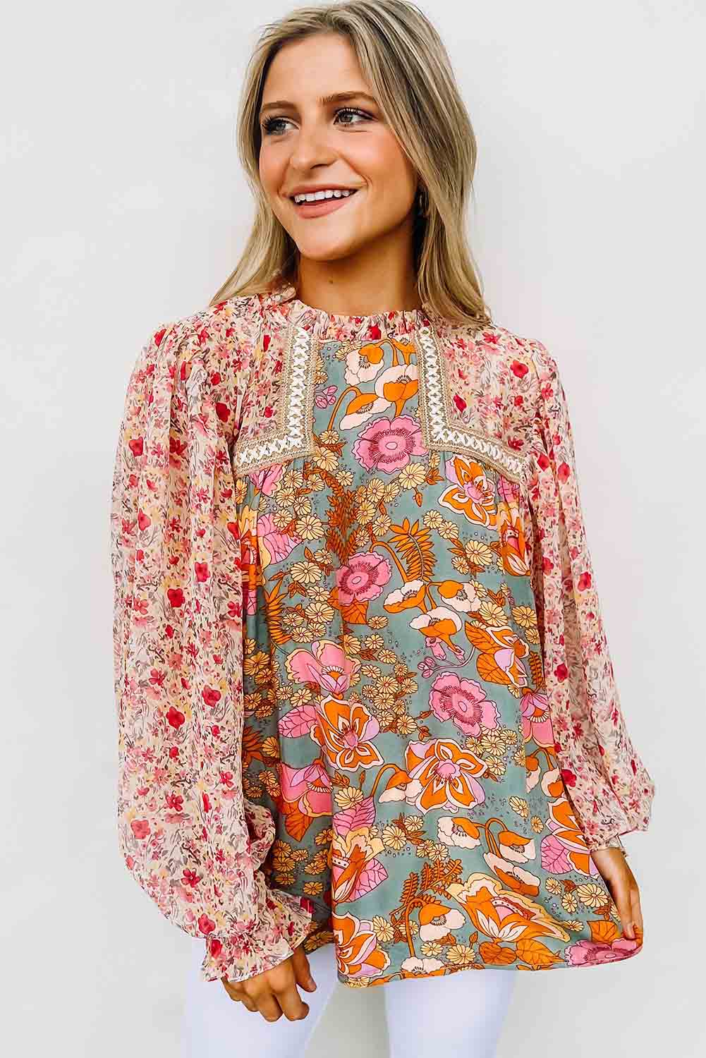 Multicolor Lace Trim Contrast Floral Long Puff Sleeve Blouse Tops & Tees JT's Designer Fashion