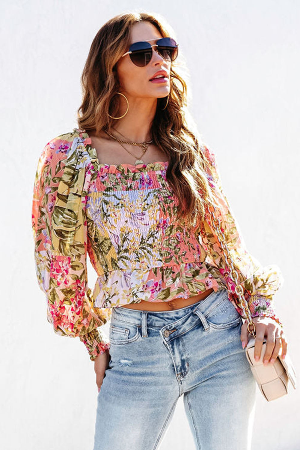 Multicolor Square Neck Ruffled Frilled Trim Floral Blouse Tops & Tees JT's Designer Fashion