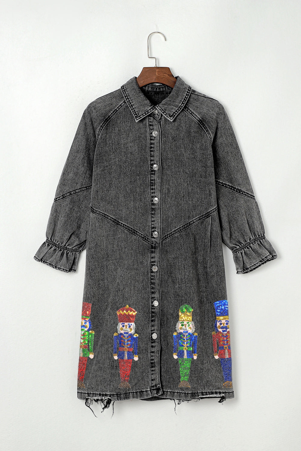 Gray Sequin Nutcracker Graphic Long Sleeve Shirt Denim Dress Graphic Dresses JT's Designer Fashion