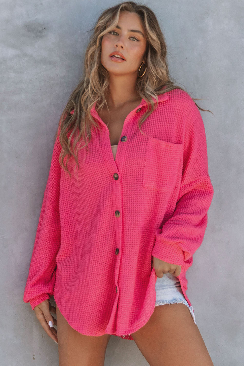 Pink Waffle Knit Button Up Casual Shirt Blouses & Shirts JT's Designer Fashion