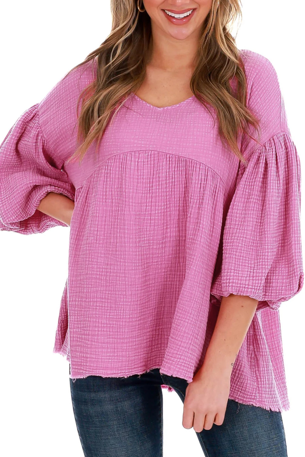 Pink Crinkle Bubble Sleeve Raw Hem Babydoll Blouse Blouses & Shirts JT's Designer Fashion