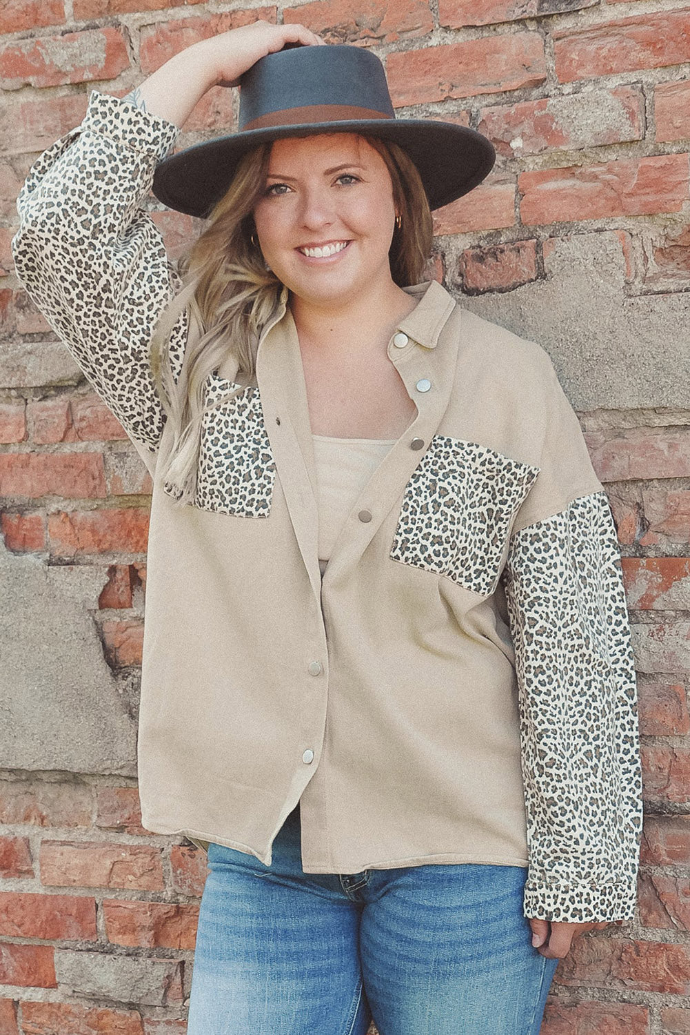 Khaki Plus Size Leopard Patchwork Shacket Plus Size JT's Designer Fashion