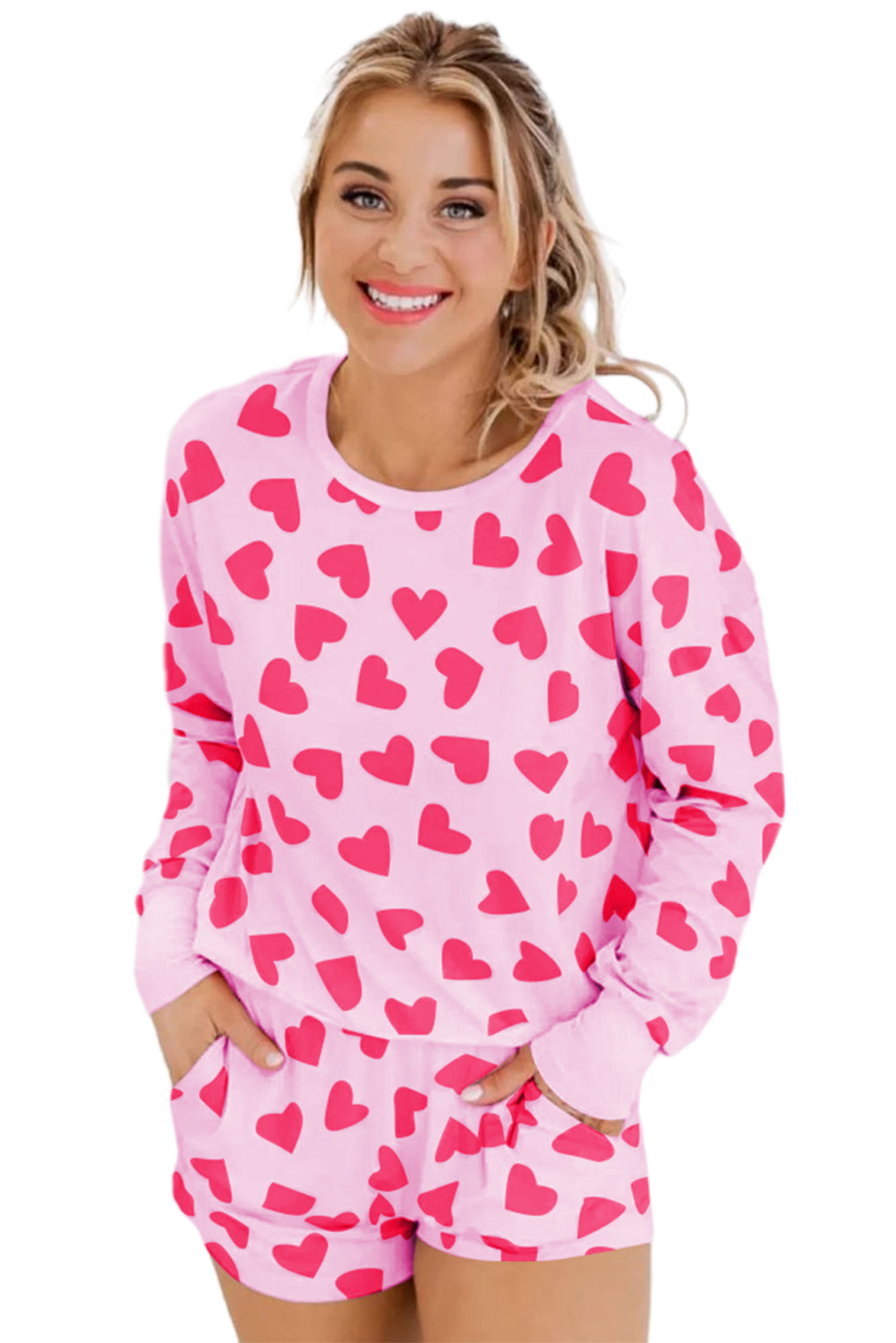 Pink Heart Shape Print Long Sleeve Top Shorts Lounge Set Loungewear JT's Designer Fashion