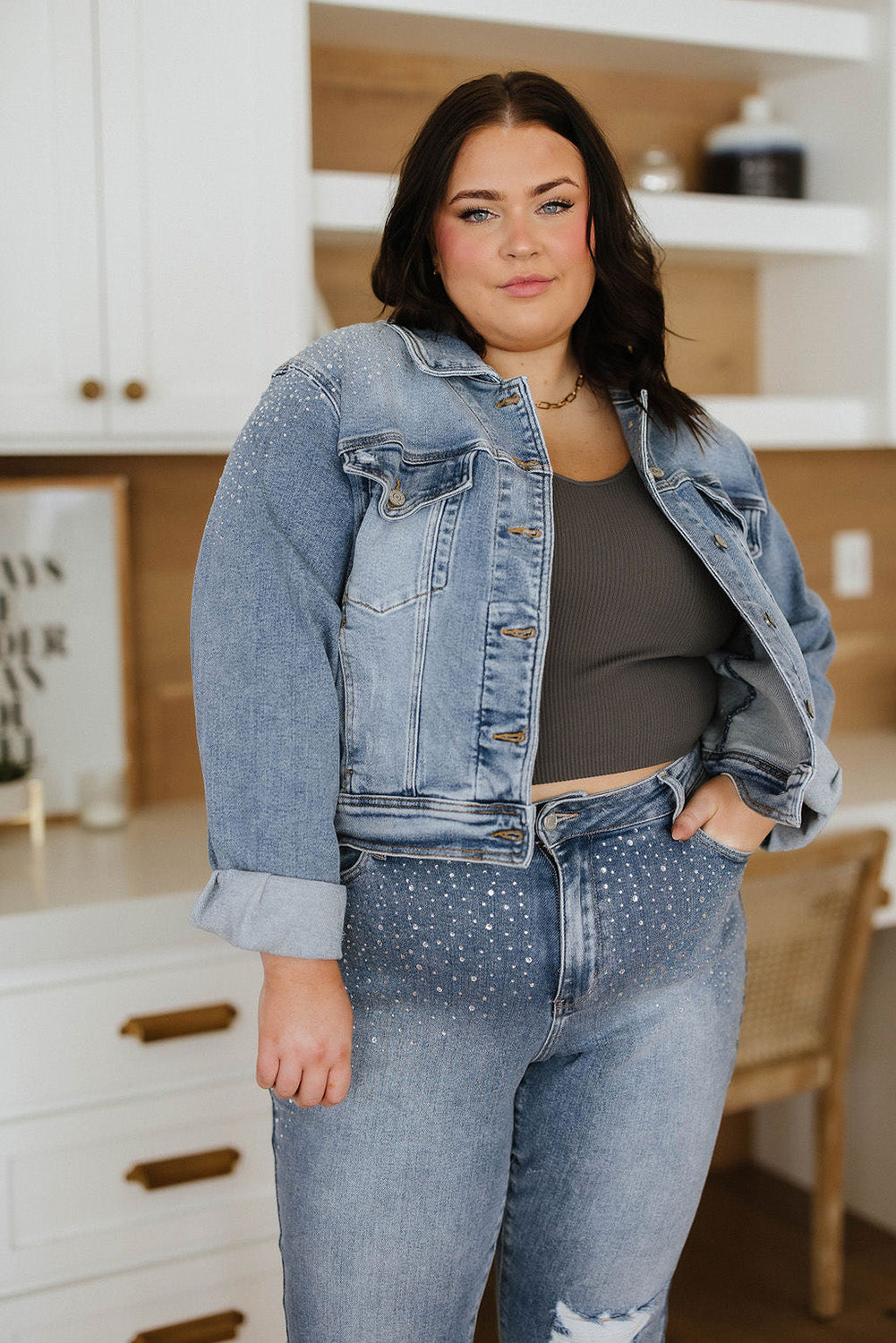 Sky Blue Plus Size Rhinestone Denim Jacket Denim jackets JT's Designer Fashion